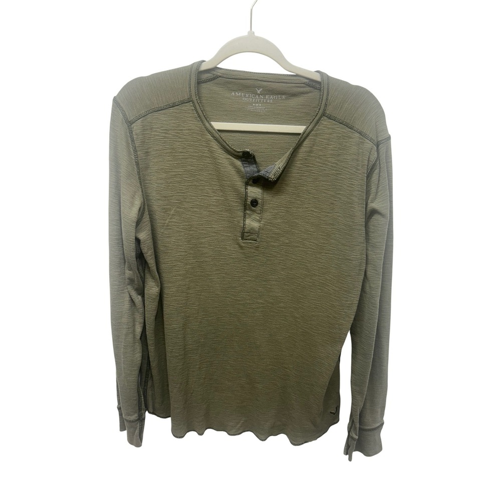 American Eagle Mens Olive Green Long Sleeve Henley Slub Knit Shirt Size M